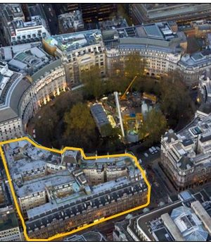 Figure 1. Finsbury Circus aerial view. Salisbury House outlined in orange.