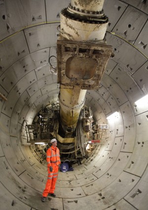 Photo of rear of Tunnel Boring Machine shield and cutter section from within the segmented line tunnel it has constructed