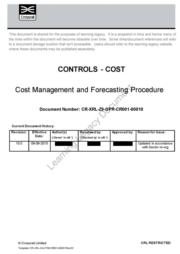 Cost Management and Forecasting Procedure Crossrail Learning Legacy