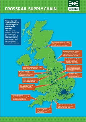 Visual of map of UK plotting location of Crossrail suppliers with some example suppliers annotated