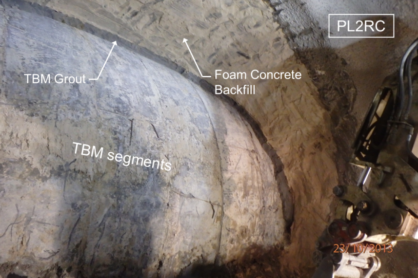 Figure 16. Exposed TBM segments after partial removal of the foam concrete backfill in PL2RC. 