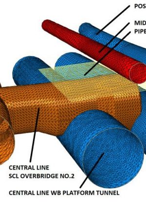 Figure 2. 3D FE model of the Central line SCL overbridge at Tottenham Court Road Station including the existing and new structures