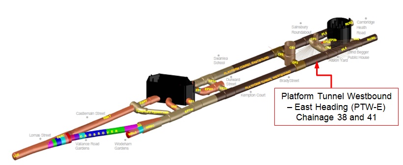 Figure 6: Whitechapel Station Layout. Case history looks at Platform Tunnel Westbound – East Heading Enlargement (PTW-E EL). Graphic Credit: BBMV JV C510.