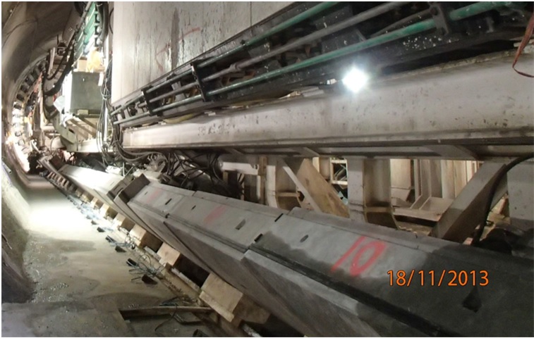 Figure 4.6 - TBM Gantries Supported on Temporary Invert Segment During Transit