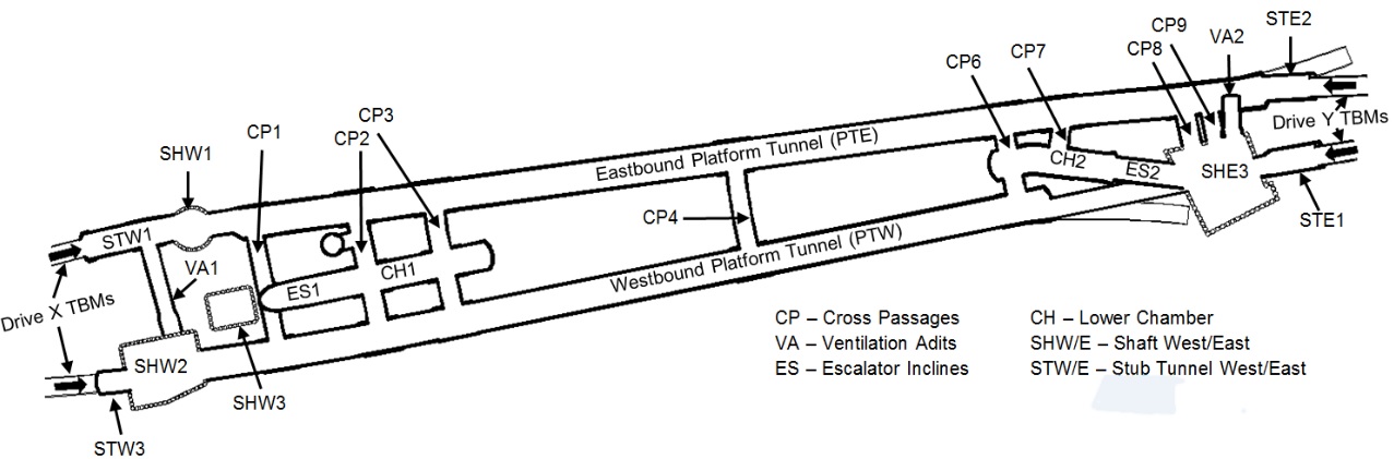 Figure 1 - Plan view of the main structures of the completed Farringdon station.