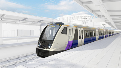 Render of a Class 345 train within a wireframe render of a station platform