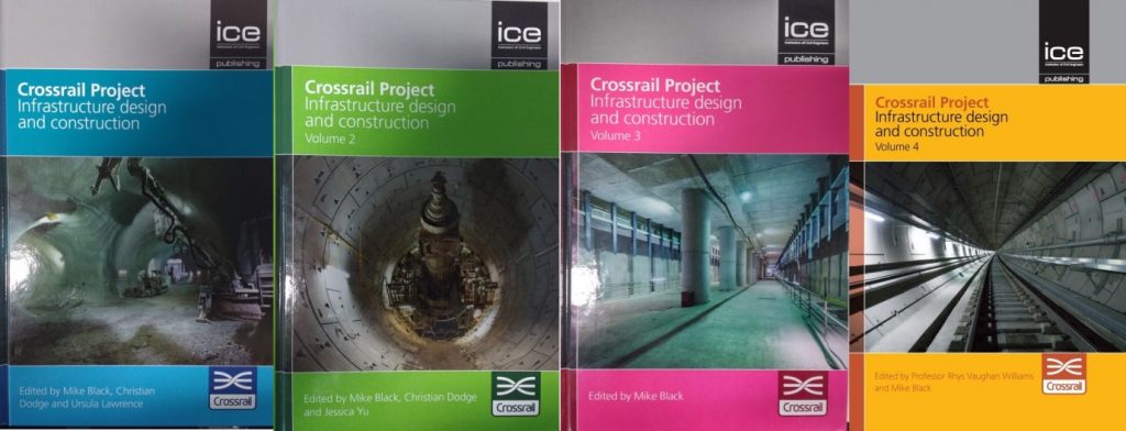 Photograph of covers of volumes 1 to 4 of the ICE Publishing Crossrail Project books