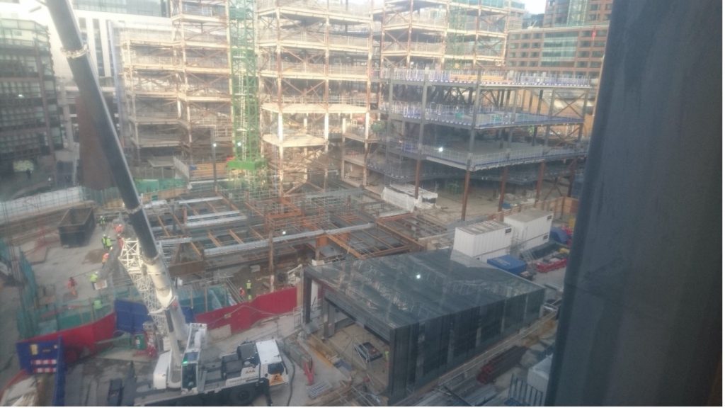 100 Liverpool Street development under construction, with Elizabeth line Broadgate entrance canopy in the foreground